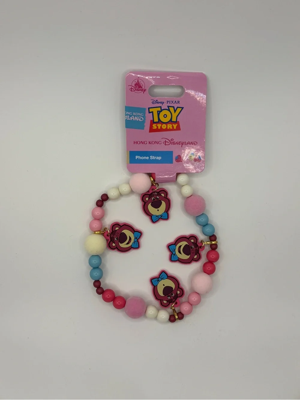 HK Disneyland Toy Story Pink Lotso Bear Phone Strap - Pink/Blue Beaded Charm